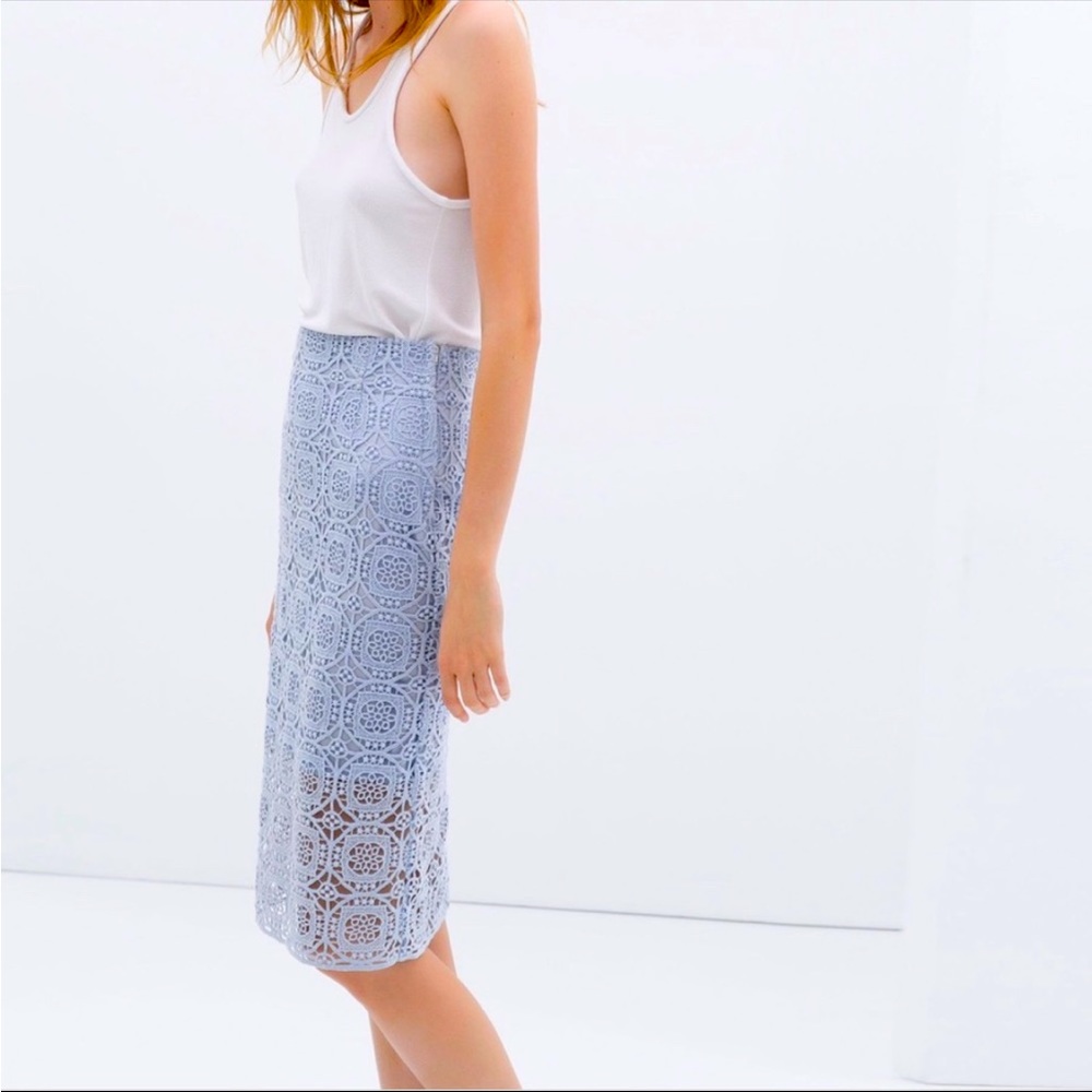 Zara light blue crocheted lace pencil skirt